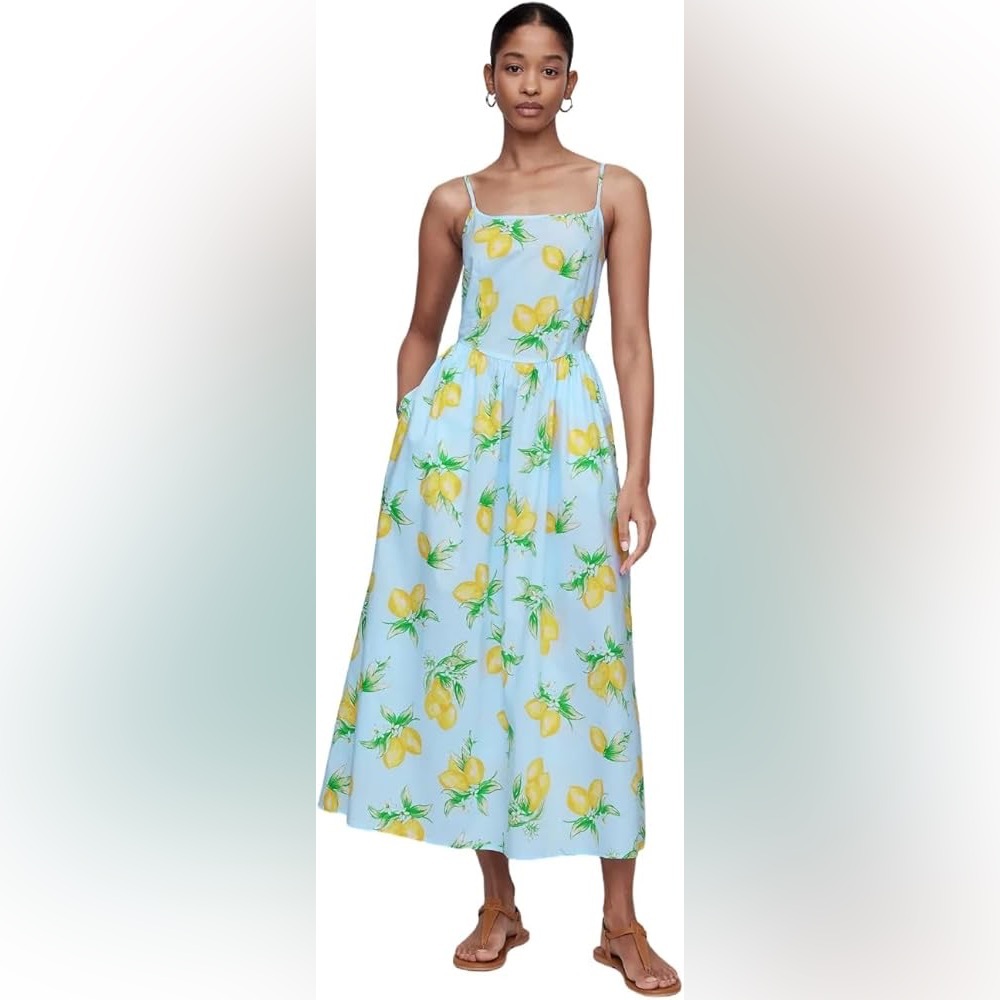 NWT- Gap Beachy Tropical Summer Lemons Novelty Prin Scoopneck Midi Dress Sz: M